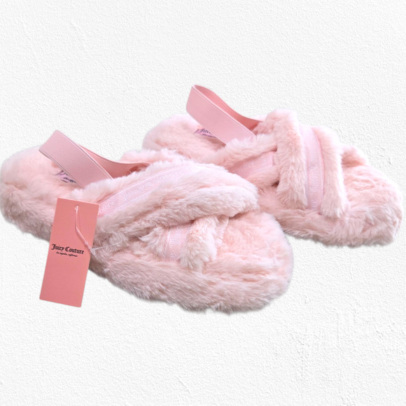 Juicy Couture Shoes - Juicy Couture Pink Faux Fur Slippers Size 8 Crisscross Fluffy Lounge Sandals